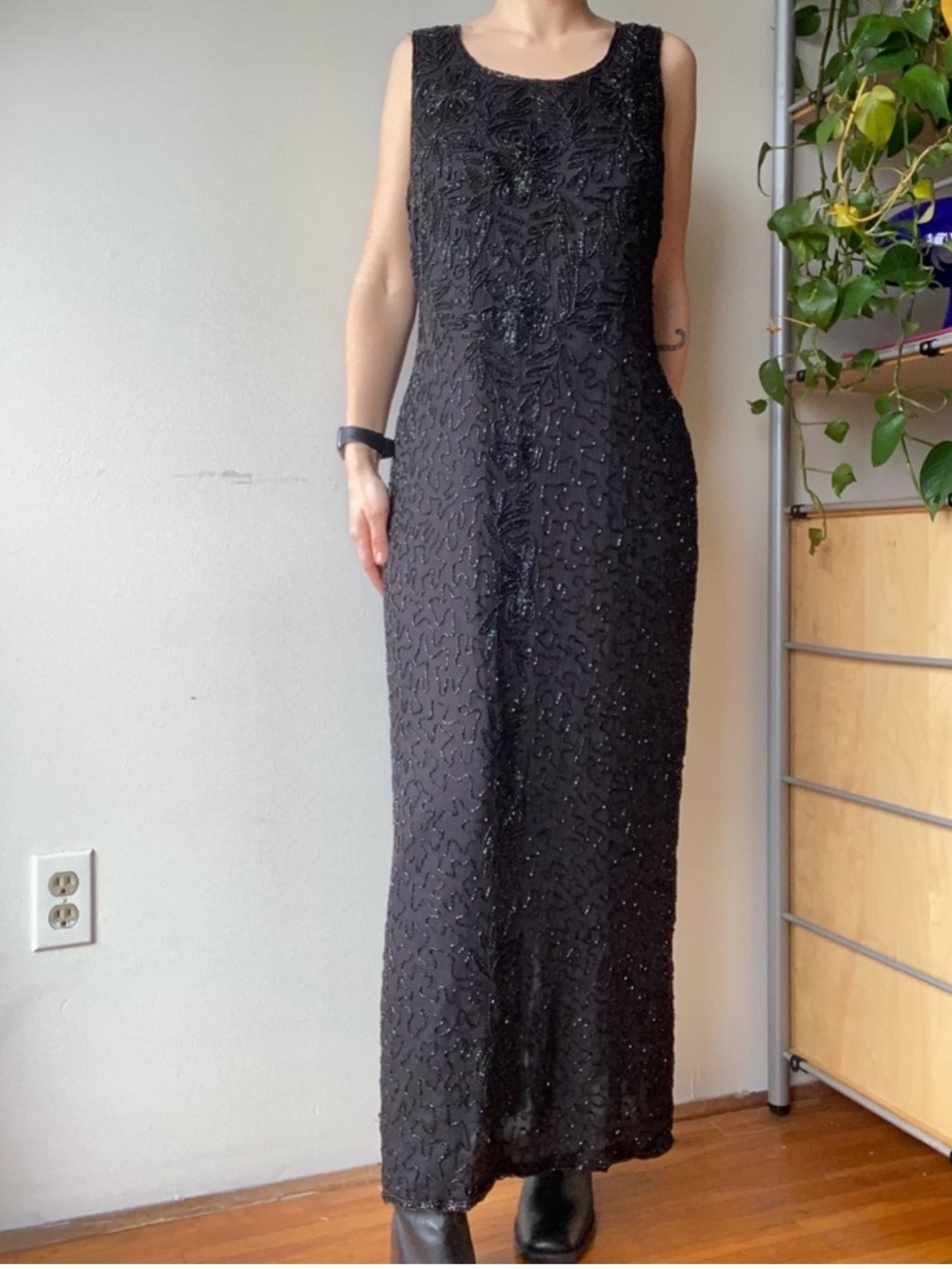 Black Fully Beaded Column Sleeveless Maxi Dress 90s Style size M